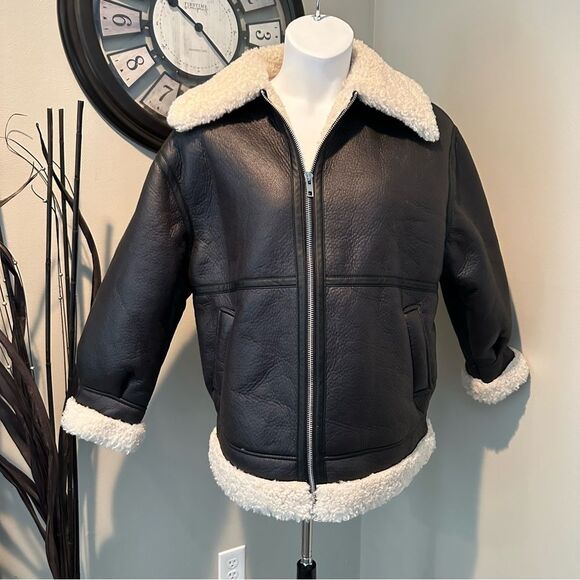 ASOS Design Women’s Aviator Black Faux Leather Shearling Jacket Size 6 - Picture 1 of 10